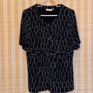 Choices Women Black White Abstract Squiggle Print Button Front Ribbed Top Large